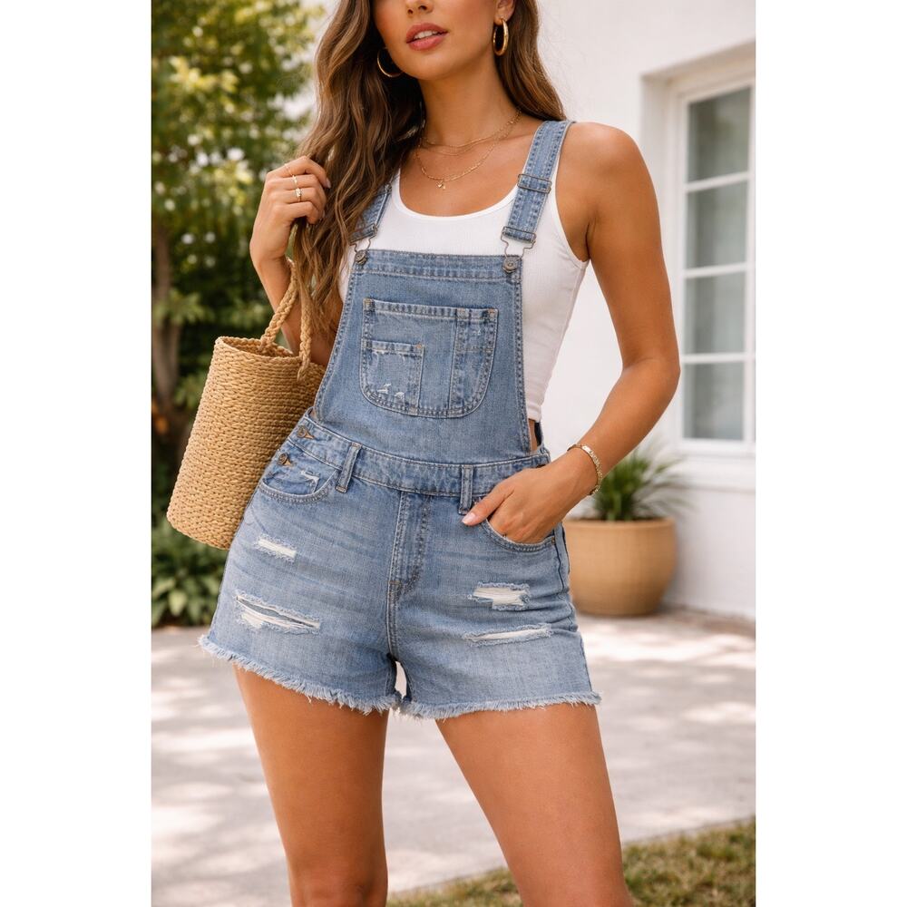 Sneak Peek Denim Short Overalls Distressed Frayed Hem Bib Shorts Blue Casual